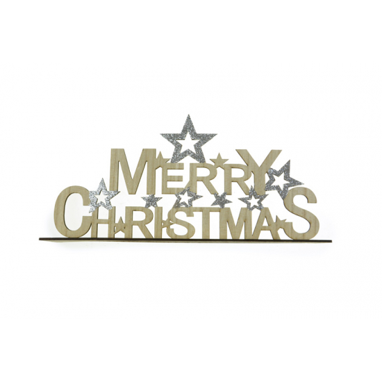 Merry Chirstmas felirat fa csillagokkal 23X30CM talpas natúr/ezüst