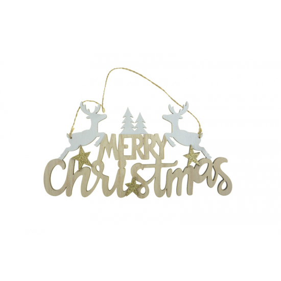 Felirat fa Merry Ch. 27*25*1CM szarvasokkal akasztós arany/fehér
