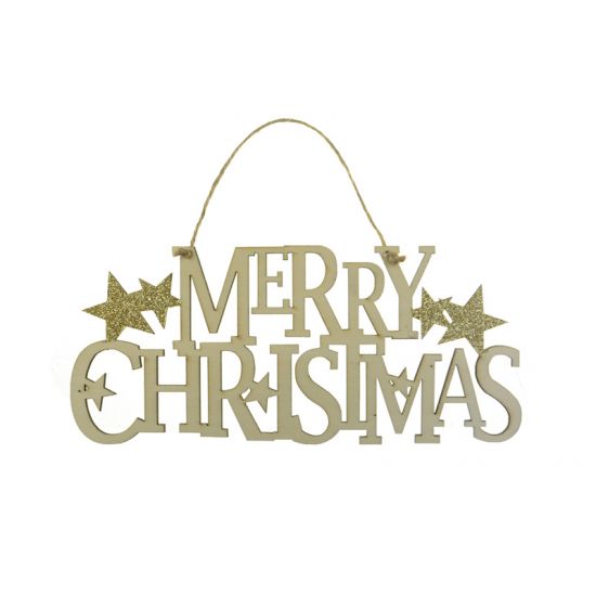 Merry Chirstmas felirat fa 28.5X11.5CM akasztós natúr