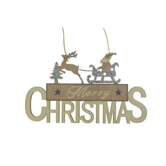 Merry Chirstmas felirat fa rénszarvas szánnal 30X13CM akasztós natúr/ezüst