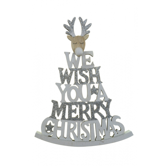 Felirat fa We wish you Merry Ch. 21.5*16*2CM fenyő forma talpas fehér/szürke