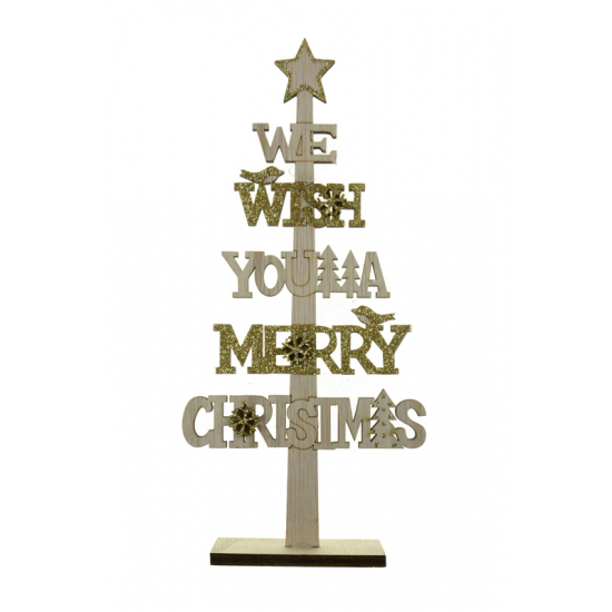 Felirat fa We wish you Merry Ch. 22*10*4CM fenyő törzsel talpas natúr/arany