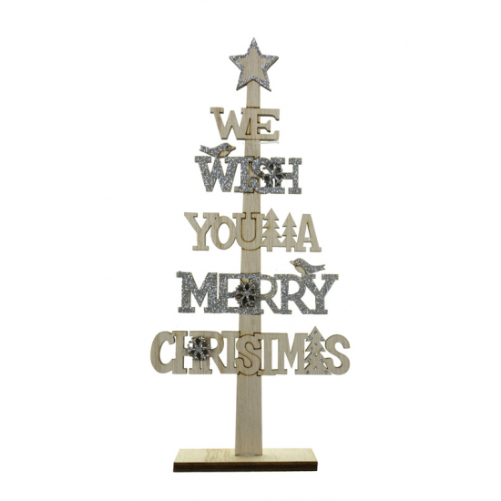 Felirat fa We wish you Merry Ch. 22*10*4CM fenyő törzzsel talpas natúr/ezüst