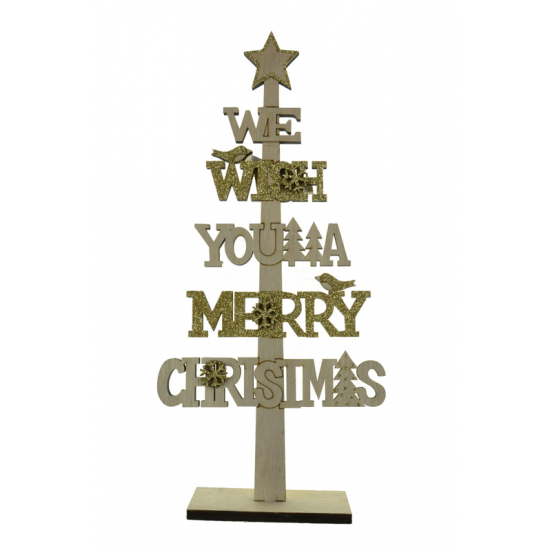 We wish you Merry Christmas felirat fa 30*14*4CM talpas fenyő natúr/arany