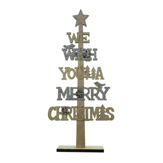 We wish you Merry Christmas felirat fa 30*14*4CM talpas fenyő natúr/ezüst