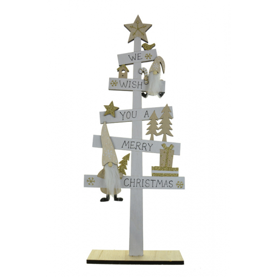 We wish you Merry Christmas felirat fa mikulásos 45*18*5CM talpas fenyő fehér/natúr
