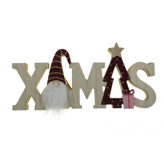Felirat XMAS fa 29*13.5*2CM mikulással álló natúr/bordó