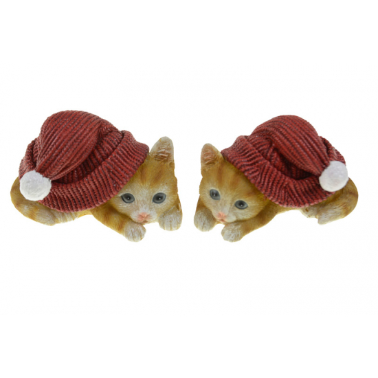 Figura cica poly 10.5*6.5*5.5cm mikulás sapkában 2féle piros/barna
