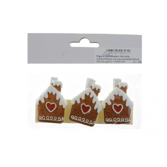 Figura csipesz mézeskalács ház poly 3,3*4,2*0,6cm s/3 szívvel fehér/barna