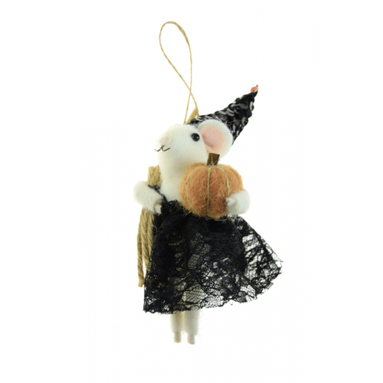 Figura egér textil 14cm boszi jelmezben fehér/fekete