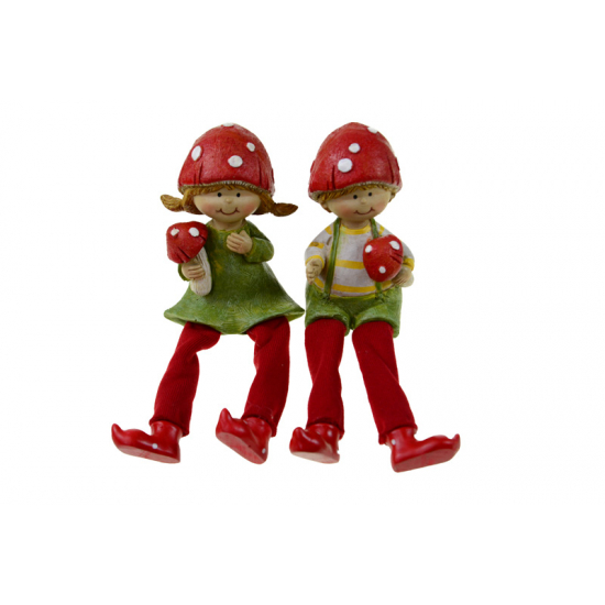 Figura fiú/lány poly gomba sapkában 5.5*5*17cm lógólábú zöld/piros