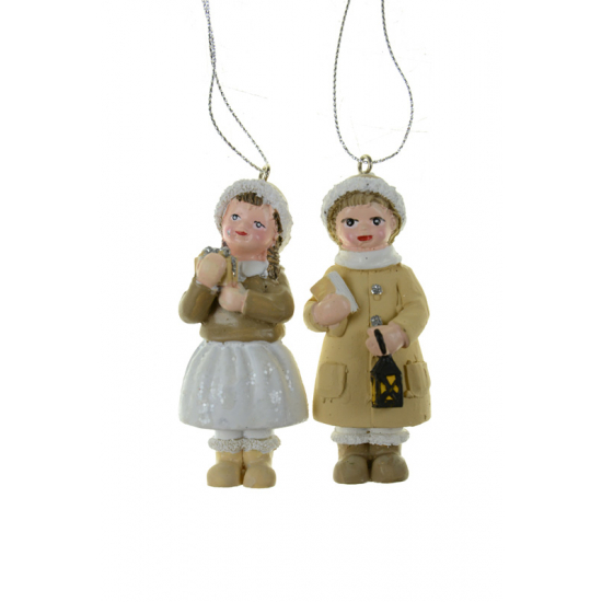 Figura fiú/lány poly 3*3*8cmH télikabátban akasztós barna/fehér