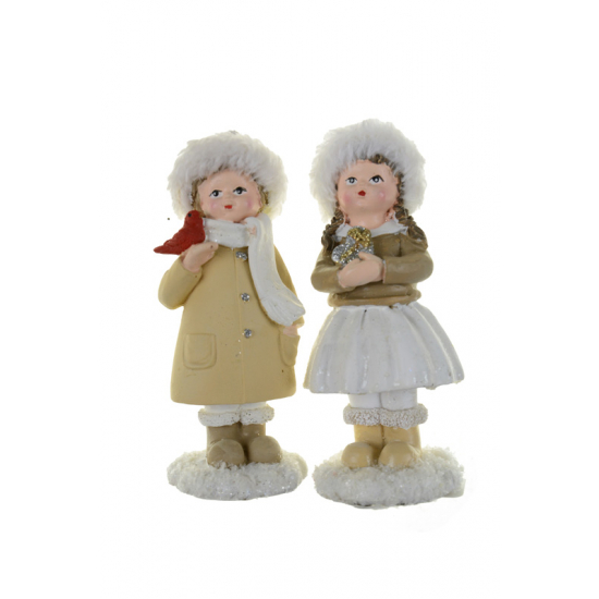 Figura fiú/lány poly 5.5*4.5*13.5cmH télikabátban barna/fehér