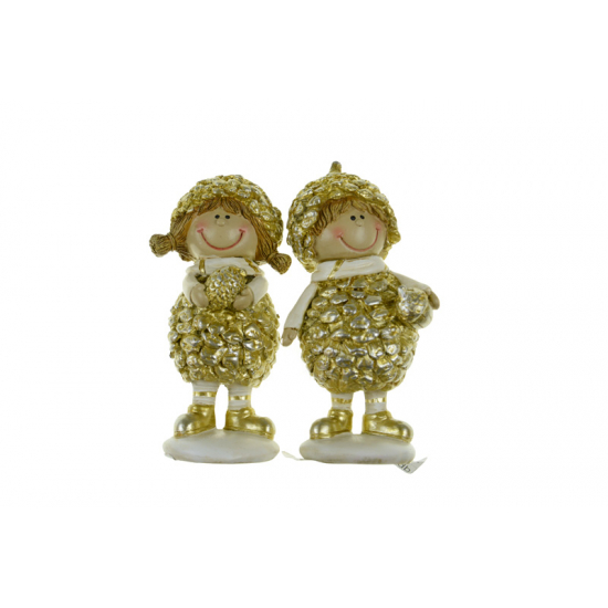 Figura fiú/lány poly 5*3.5*10.5cm aranyruhában barna/arany