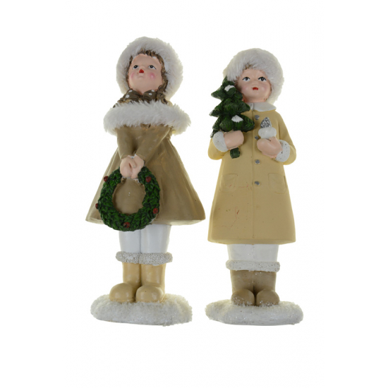 Figura fiú/lány poly 8.5*6.5*19.5cmH télikabátban barna/fehér