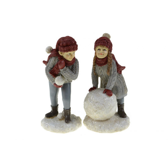 Figura fiú/lány poly 9*8,5*17 cm hólabdával bordó