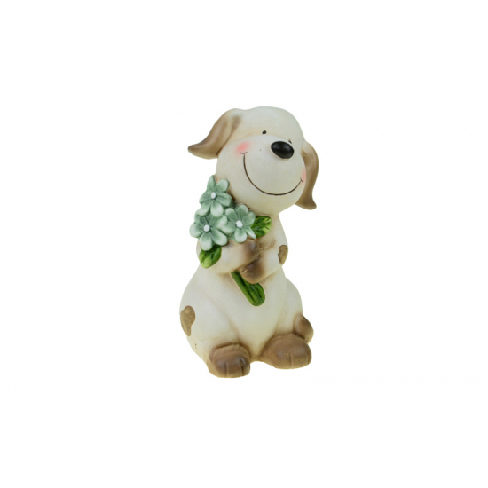 Figura kutya kerámia 11*10*20cm virágcsokorral kék