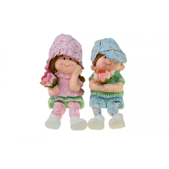 Figura fiú/lány kerámia lógólábú 7*8*20cm rózsával kék/rózsaszín