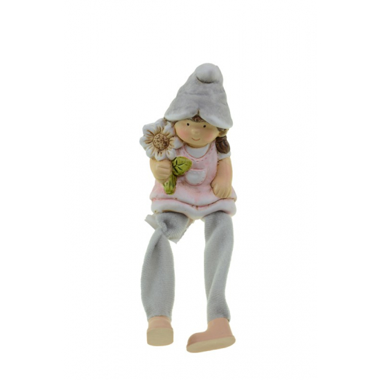Figura lány ülő kerámia 6*5*9.2cm virággal szürke/rózsaszín