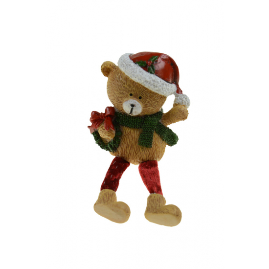 Figura maci poly 7*5*8cmH mikulás sapkás lógólábú barna