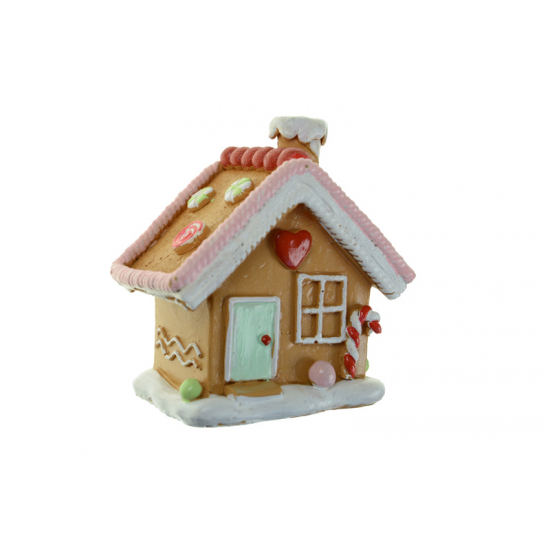Figura mézeskalács ház poly 9,9*6,5*10,1cm díszített rózsaszín/barna
