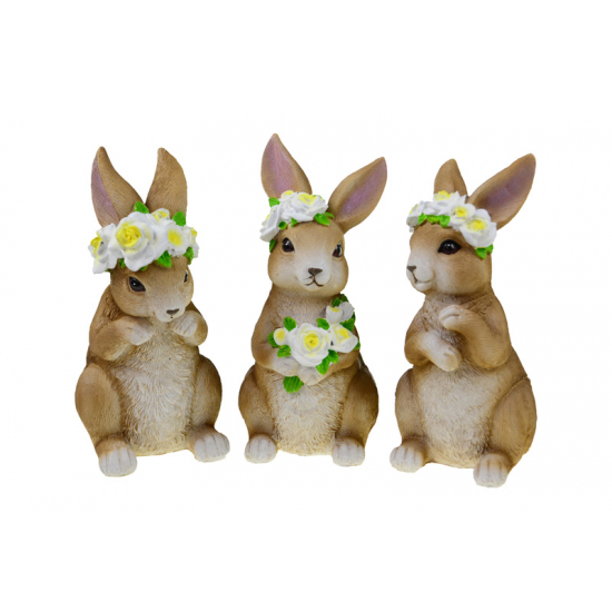 Figura nyúl poly álló 10*8*18cm virágkoszorúval barna