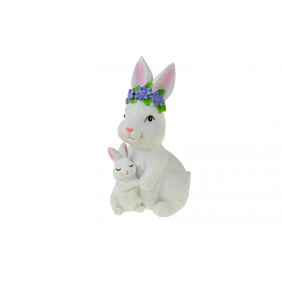 Figura nyúl poly kicsinynével 15*9.5*18cm virágkoszorúval fehér/kék
