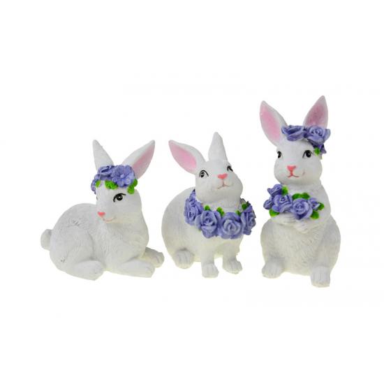 Figura nyúl poly virágkoszorúval 6*7.5*13cm 3féle fehér/kék