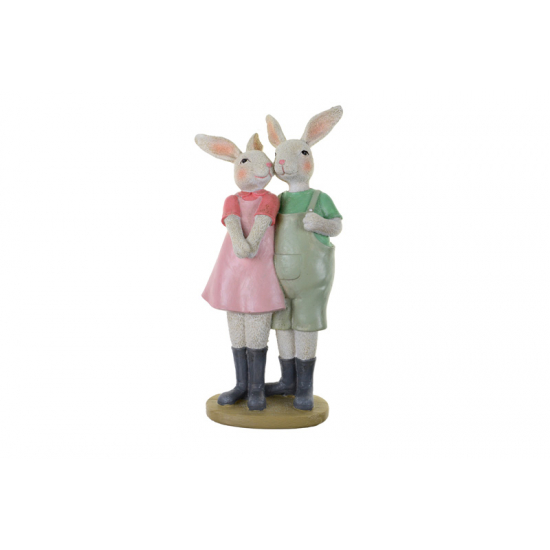Figura nyuszipár poly 12.4*8.6*26cm talicszkázó zöld/rózsaszín