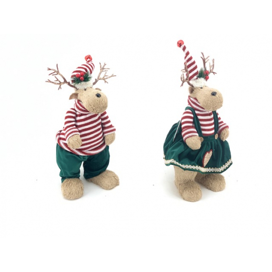 Figura rénszarvas textil kötött ruhában 16X18X45CM barna/zöld/piros