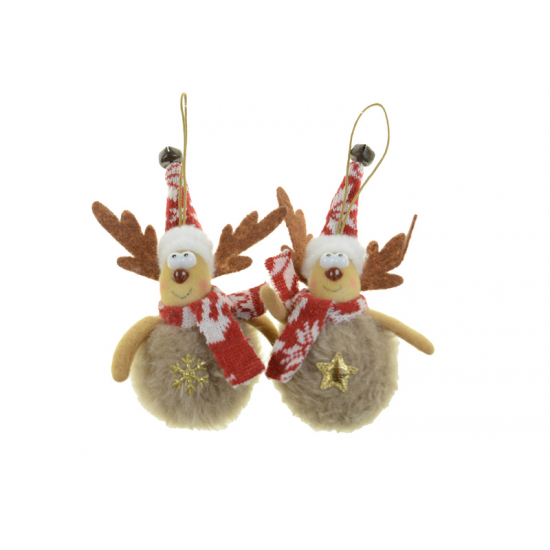 Figura rénszarvas textil 12cm plüss ruhás akasztós 2féle barna/piros