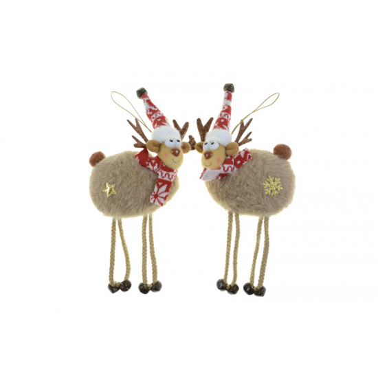 Figura rénszarvas textil 25cm akasztós barna/piros