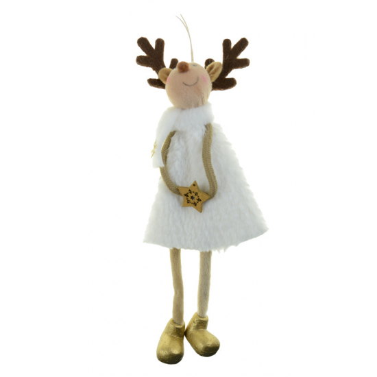 Figura rénszarvas textil ünnepi ruhában 28cm akasztós fehér