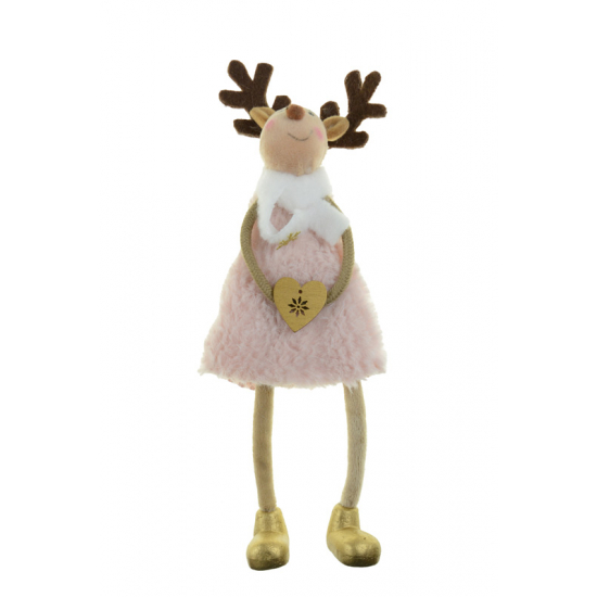 Figura rénszarvas textil ünnepi ruhában 28cm akasztós rózsaszín