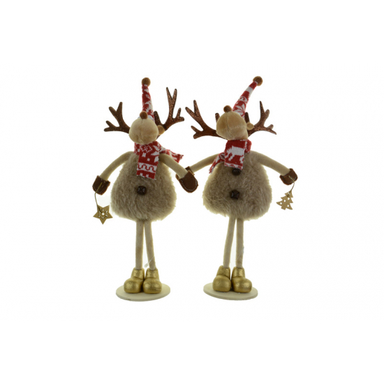 Figura rénszarvas textil szőrmebundás 29cm álló barna/piros