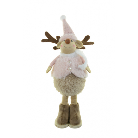 Figura rénszarvas textil manó sapkában 32cm álló rózsaszín