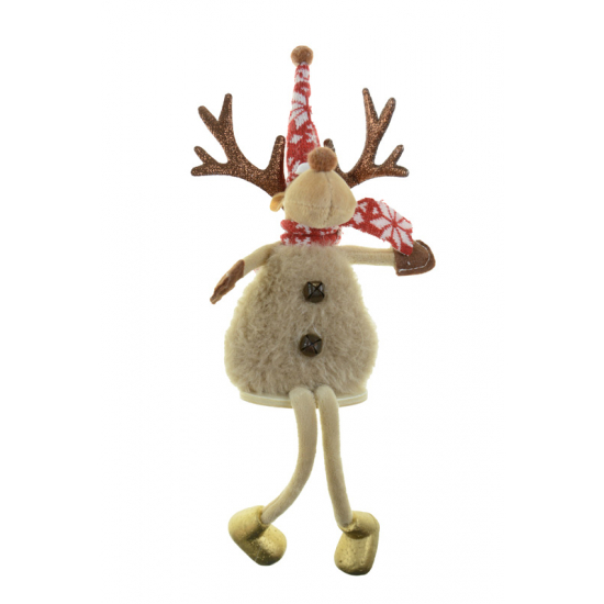 Figura rénszarvas textil szőrmebundás 33cm lógólábú barna/piros