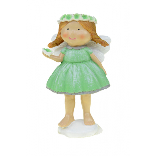 Figura tündér poly 12,8cm kezében virág zöld