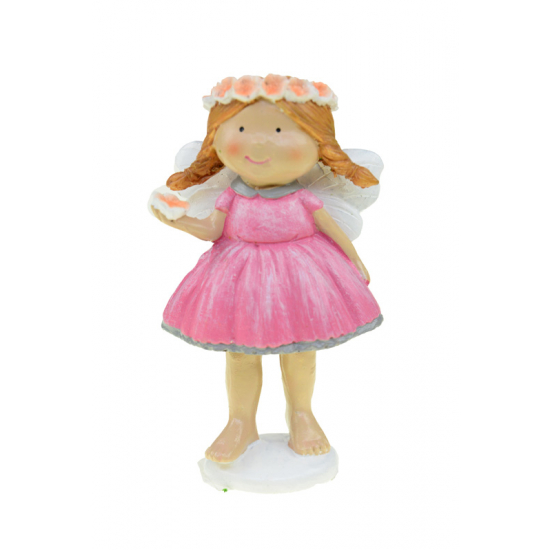 Figura tündér poly kezében virág 12,8cm rózsaszín