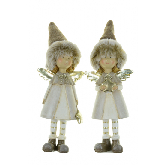 Figura tündérlány poly 7.5*4*21cm plüss sapkában csillaggal barna/arany