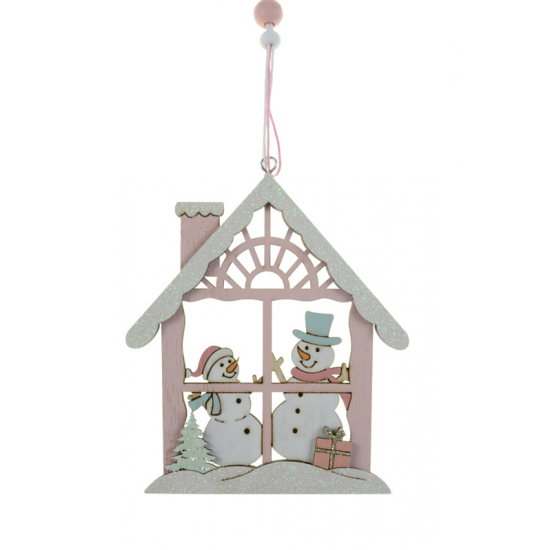 Figura ház fa hóemberes 12*10.5*0.8CM akasztós rózsaszín