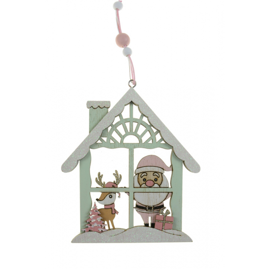 Figura ház fa télapós 12*10.5*0.8CM akasztós menta