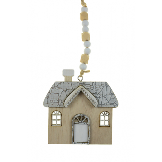 Figura ház fa 24cm akasztós ezüst/natúr
