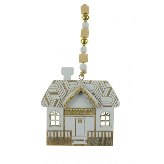 Figura ház fa 24cm akasztós fehér/natúr