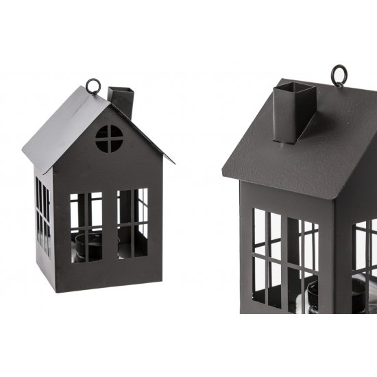 Figura ház fém gyertyatartóval H19cm szürke
