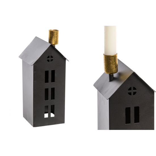 Figura ház fém gyertyatartóval H22cm kéményes fekete