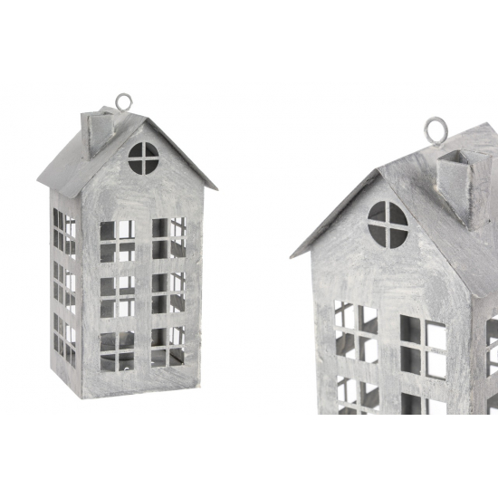 Figura ház fém gyertyatartóval H22cm szürke