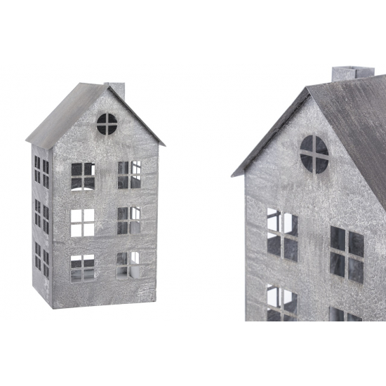 Figura ház fém gyertyatartóval H36cm szürke