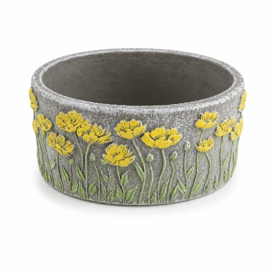 Kaspó cement virágos 17x9x8cm szürke/sárga
