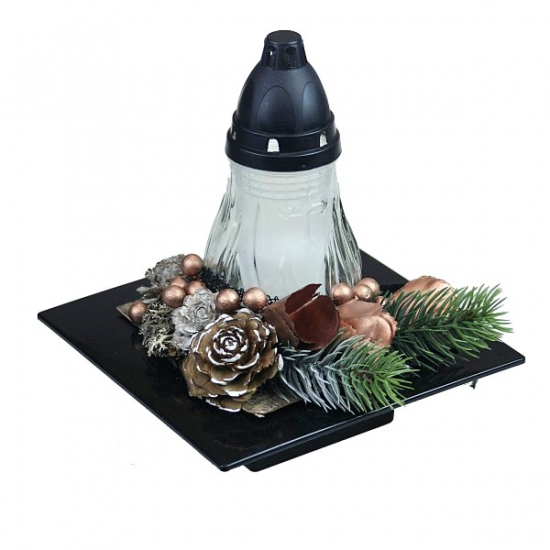Készítmény Ikebana tálban 19*5cm piros/sárga üveg mécsessel